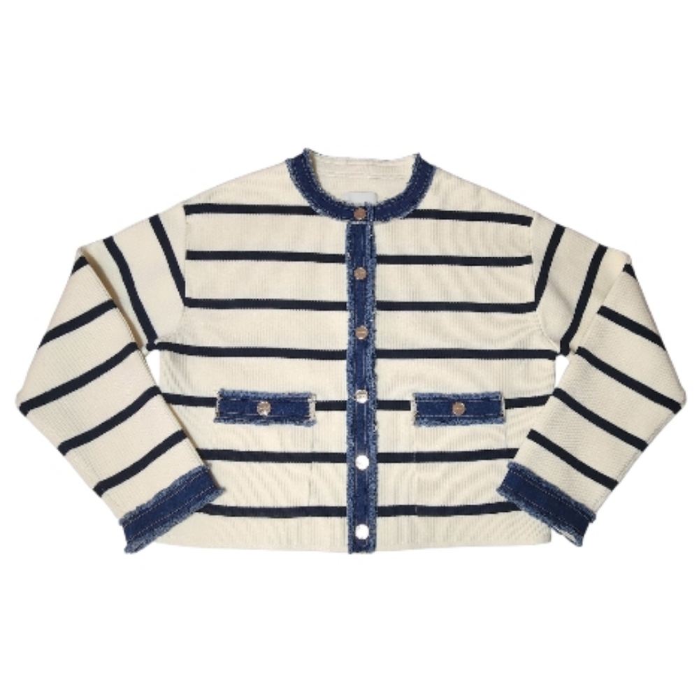Sandro Paris Navy and Cream Striped Cardigan with Denim Details - Picture 3 of 11
